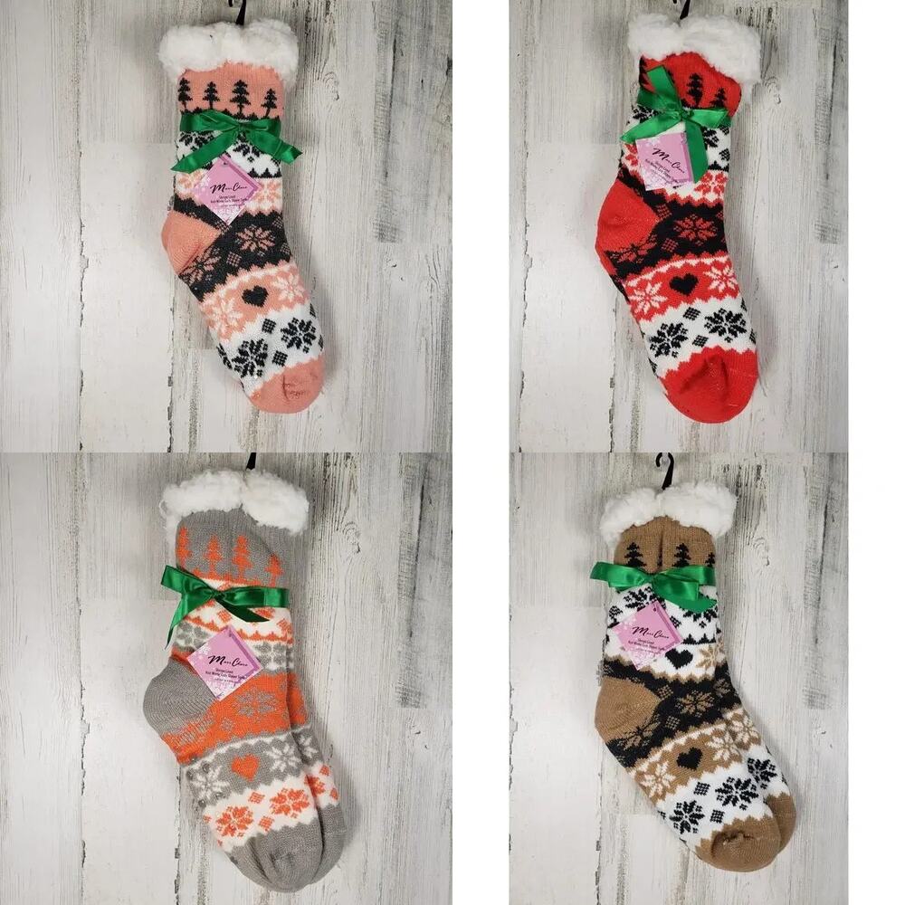 New Set of 4 Mari Clare Sherpa Lined Snowflake No Slip Slipper Socks Women's